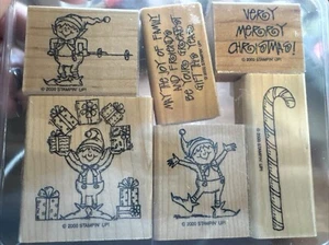 Stampin' Up! 2000 SANTA'S HELPERS Elf Elves Christmas Rubber Stamp Wood SET EUC - Picture 1 of 10
