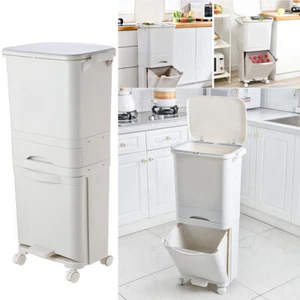 Dry Wet Separation Trash Can Vertical Waste System Rubbish Pedal Bin with Wheels - Picture 1 of 12