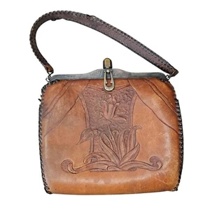 Antike 20er Jahre Jugendstil handbesetzte braune Leder Geldbörse Handtasche Blume Floral - Bild 1 von 16