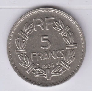 FRANCE 5 Francs 1938 copper nickel almost BU grade (fra2151) - Picture 1 of 2