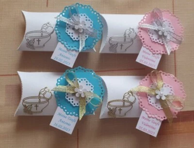 Taufe Gastgeschenke   Rosa Blau Tischdeko Name, Datum ,mit Mandeln Mädchen,Junge - Bild 1 von 4