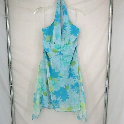 Rampage Clothing Co Junior Blue Floral Halter Dress Handkerchief Hem Size 13 - Image 1 of 4