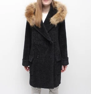 Women's MAX MARA Alpaca Wool Long Coat Overcoat Hooded Real Fur Trim US10 ITALY - Picture 1 of 16