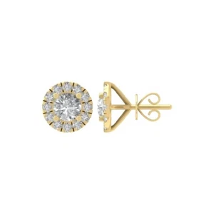 14k Yellow Gold Round Lab Grown Diamond Halo Stud Earrings Holiday Gift - Picture 1 of 5