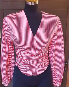 Camica donna top tela cotone righe bianco rosso fiocco elegante primavera estate - Foto 1 di 11
