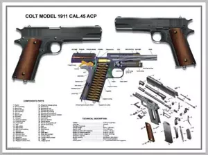 Poster 18"" x 24"" U.S.Army Colt 1911 Kal. 45 ACP manuell explodierte Teile Diagramm 2. Weltkrieg - Bild 1 von 5