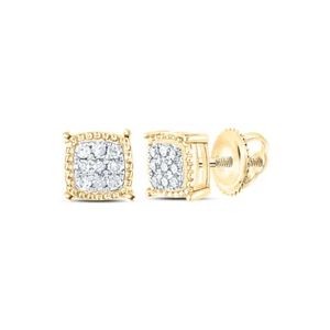 10K Yellow Gold Mens Round Diamond Square Milgrain Cluster Earrings 1/10 Cttw - Picture 1 of 2
