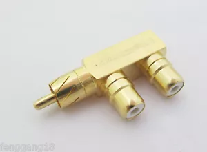Gold 1 RCA Male Plug To Dual 2 RCA Female Jack Right Angle F Adapter Connector - Picture 1 of 3
