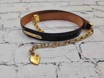 Vintage MOSCHINO Corazones Cinturón Cintura Cuero Negro Años 90 Y2K Antigua Cadena de Dinero Foto 1 de 4