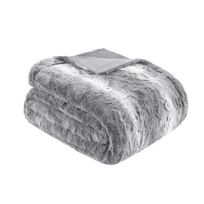  Ultra-Soft Poly Fur Blanket, Reversible Plush, All Season & 108x90" Grey - Image 1 of 4