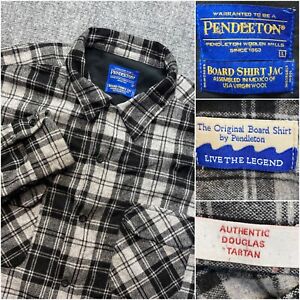 Pendleton Board Shirt Jac 100% Virgin Wool Loop Collar Large Black Plaid Tartan