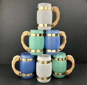 Siesta Ware Frosted Pastel Glass Mugs (6) Wood Handle Beer Vintage Superior Cond - Picture 1 of 12