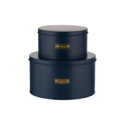 Cake Tins 2pcs Large & Small Matte Blue Cake Storage Ribbed Metal Canister w/Lid - Image 1 of 4
