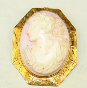 ANTIQUE 10K YELLOW GOLD LARGE CONCH SHELL CAMEO PIN PENDANT IN ENGRAVED SETTING - Picture 1 of 6