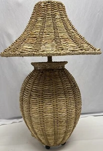 Vintage Wicker Rattan Table Lamp With Matching Shade Brown Basket 30” Tall - Picture 1 of 11