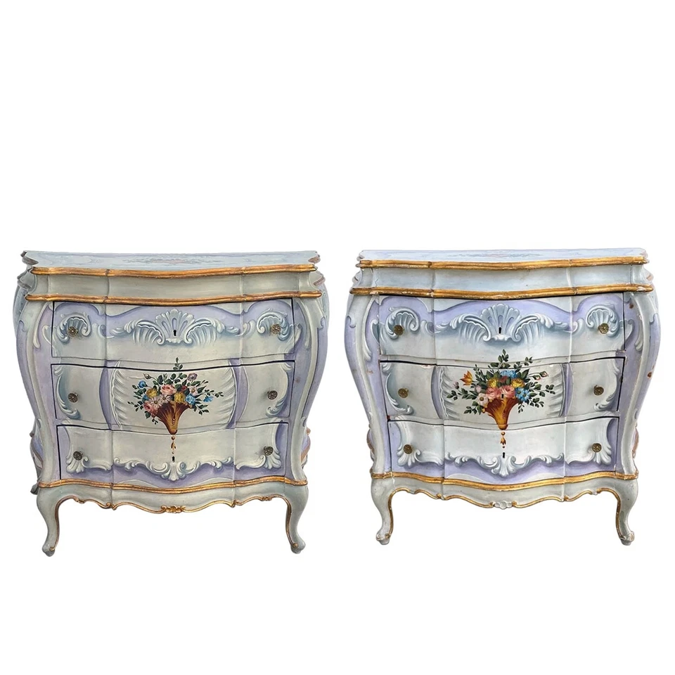 Pair Vintage Italian Venetian Gilt Painted Pine Bombe Chest of Drawers c. 1920 - Image 1 of 4