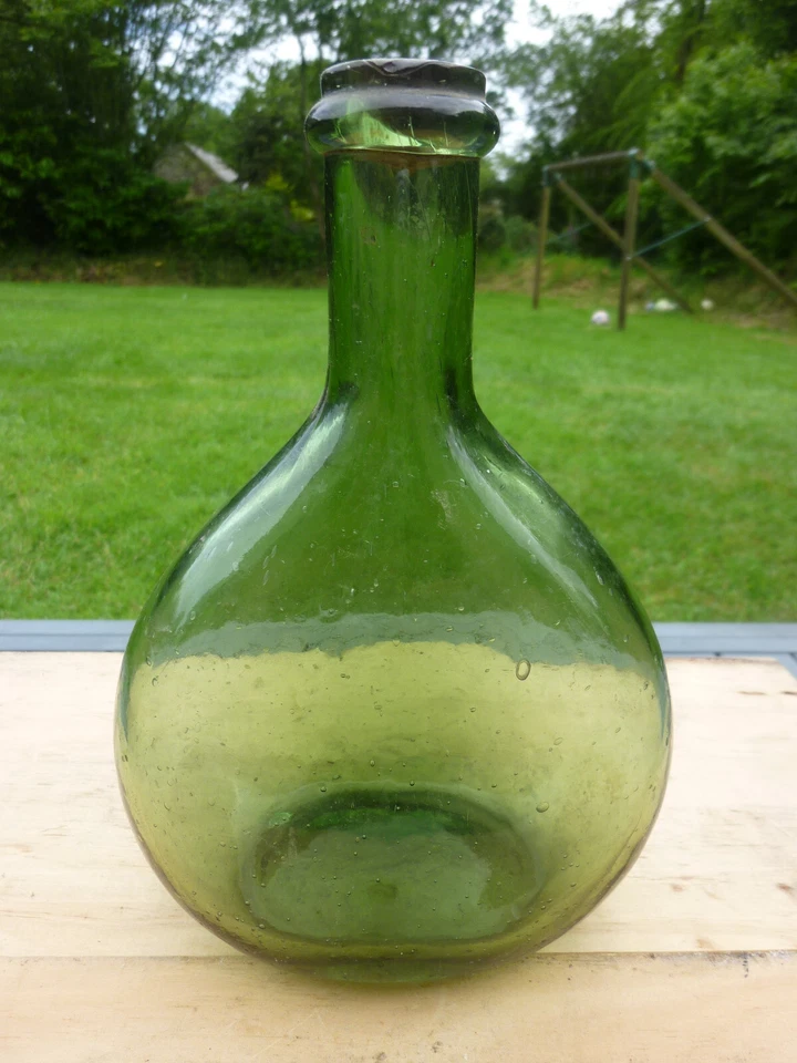 flasque bouteille gourde plate ancienne verre soufflé pontil glass flask 19ème - Photo 1/4