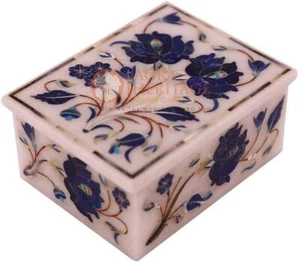 3"x2"x2" White Jewelry Lidded Box Lapis Floras Marquetry Art Halloween Gift Deco - Picture 1 of 4
