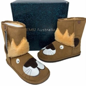 EMU Australia Unisex Kids Leo Lion Boots Brown Suede Mid-Calf Pull Ons K3 New - Picture 1 of 12