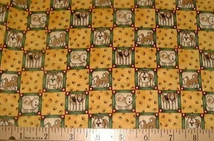 DEBBIE MUMM Fabric - PET SHOP - Small Dog Squares on Gold - 16" REMNANT - Picture 1 of 1