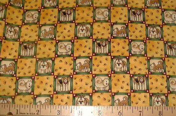 DEBBIE MUMM Fabric - PET SHOP - Small Dog Squares on Gold - 16" REMNANT - Image 1 of 1