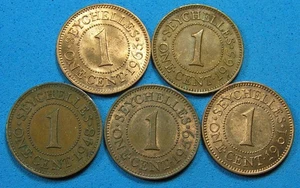 Seychelles Lot of 5 Coins 1 Cent 1948 to 1965 Diff Dates, Combined Shipping - Picture 1 of 2