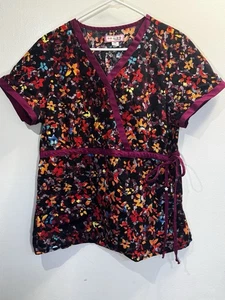 Womens Koi Scrub Top Floral Black Maroon XL Side Tie Colorful - Picture 1 of 4