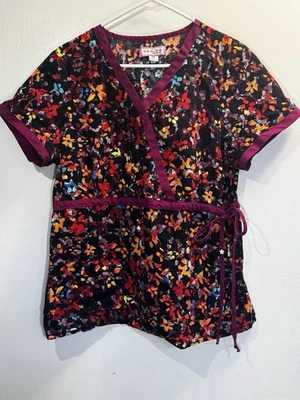 Womens Koi Scrub Top Floral Black Maroon XL Side Tie Colorful - Image 1 of 4