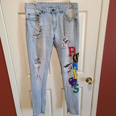 Pantalones de mezclilla Young & Reckless azules ajustados desgastados bordados con cremallera tobillos-W32 x L33 Foto 1 de 4