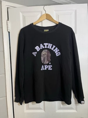 BAPE Sweatshirt A Bathing Ape Spellout Logo Pullover Black College Mens Med - Image 1 of 4