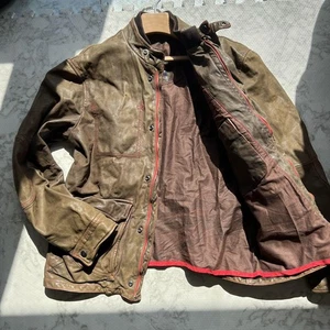 Armani Jeans Leather Jacket Rider's Logo Buttons Khaki 90s Mens From Japan YZ - Picture 1 of 24