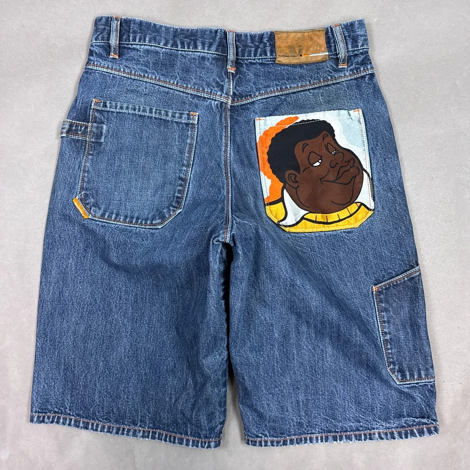 Vintage Fubu Shorts Mens 34 Blue Platinum Fat Albert Baggy Jort Denim Jean Cargo - Image 1 of 4