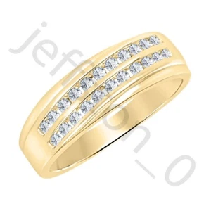 0.90Ct Lab Created Diamond 14K Yellow Gold Over Two Rows Wedding Band Men's Ring - Picture 1 of 5