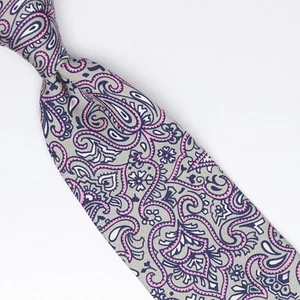 Josiah France Mens Silk Necktie Light Gray Pink Blue White Paisley Floral Print - Picture 1 of 8
