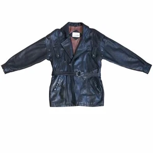 VTG 90s Y2K Black Genuine Leather Long Belted Zip Front Bomber Biker Jacket Coat - Picture 1 of 10