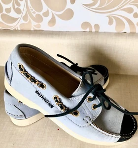 CHANEL Vintage Baby Blue LEATHER BOAT SHOES Chain Fit 6.5 US Collector 1994 - Picture 1 of 9