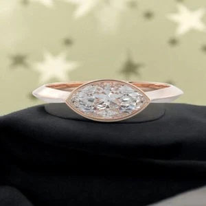 0.75 Cts F/VS East-West Marquise Diamond GIA Certified Engagement Ring 18K Gold - Picture 1 of 5