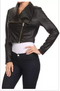 BLACK CROPPED PVC MOTORCYCLE JACKET SIZE S - Picture 1 of 2