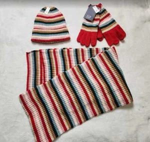 New women's Gap matching happy stripe beanie / scarf / gloves set - Picture 1 of 7