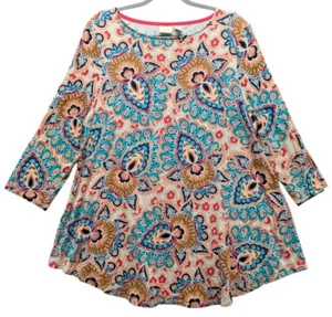 Top túnica Chicos talla 2 Lg 12 cachemira floral azul rojo crema manga 3/4 camisa fluida - Imagen 1 de 9