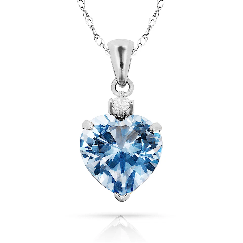 3.07Ct White Sapphire & Heart Aquamarine Charm Pendant14K White Gold w/Chain - Image 1 of 1