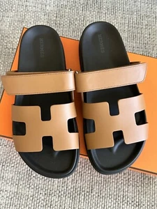 Size 38EU NIB HERMÈS Naturel Calf Leather Women’s Chypre Sandals - Picture 1 of 17