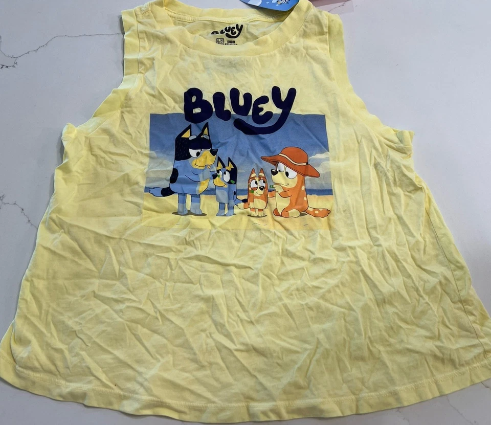 Bluey Shirt Tank Top size S small - Lemon Yellow/Beach Graphic -