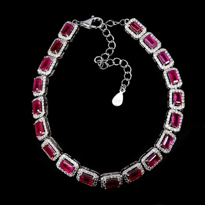 925 Sterling Silver Bracelet Octagon Ruby 5x3mm Natural Gemstone Jewelry 7inches - Image 1 of 4