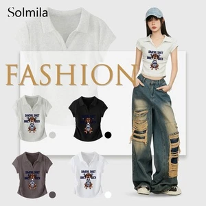 Spring Fashion Casual Dog Print Top Striped Short Sleeve Cotton Spandex Blend - Picture 1 of 15