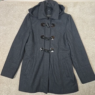 Casaco de inverno feminino GUESS mistura de lã cinza forrado botões de alternância capuz removível G - Imagem 1 de 4