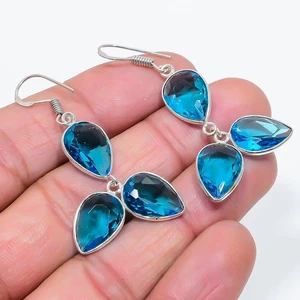 Swiss Blue Topaz Gemstone 925 Sterling Silver Jewelry Earring 1.97" S567 - Picture 1 of 2