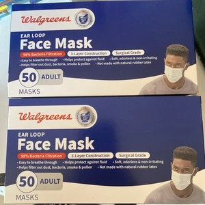 Walgreens Ear Loop Face Mask Box 50 Count (100 Total) 3 Layer Adult Sz/Lot Of 2 - Picture 1 of 2