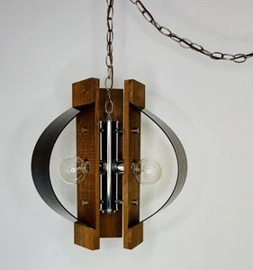 MID CENTURY MODERN SMOKED LUCITE/WOOD/CHROM HÄNGE SWAG LIGHT LAMPE - Bild 1 von 24