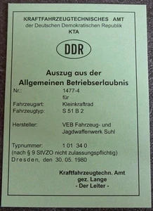 Simson KTA Papiere DDR S51 B2 mit originalem Stempel Blanko - Bild 1 von 2